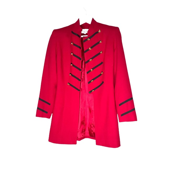 Vintage 100% Wool Military Style Jacket Blazer Red 80s Stripes Black Flaws 6 - Picture 2 of 8